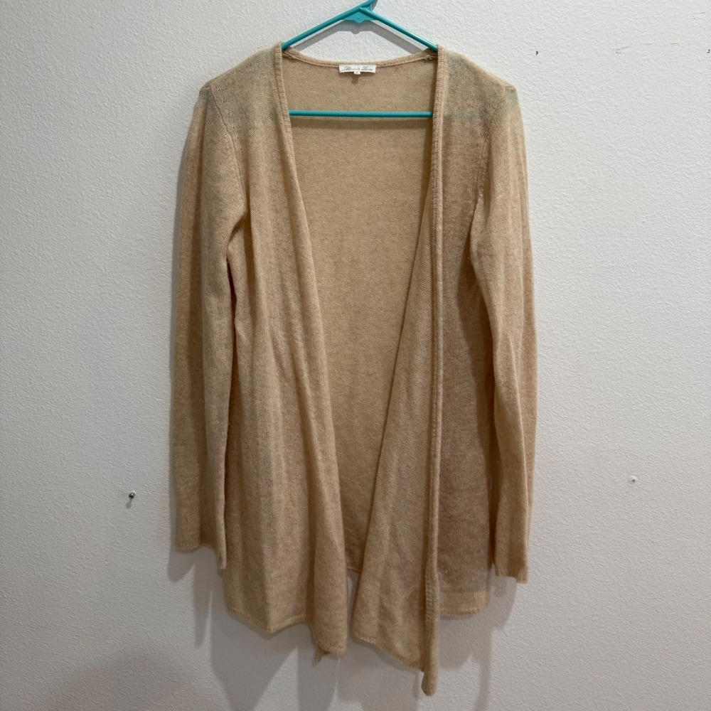 Minnie Rose 100% Cashmere Open Front Cardigan Tan Beige Size M Long Sleeve Knit